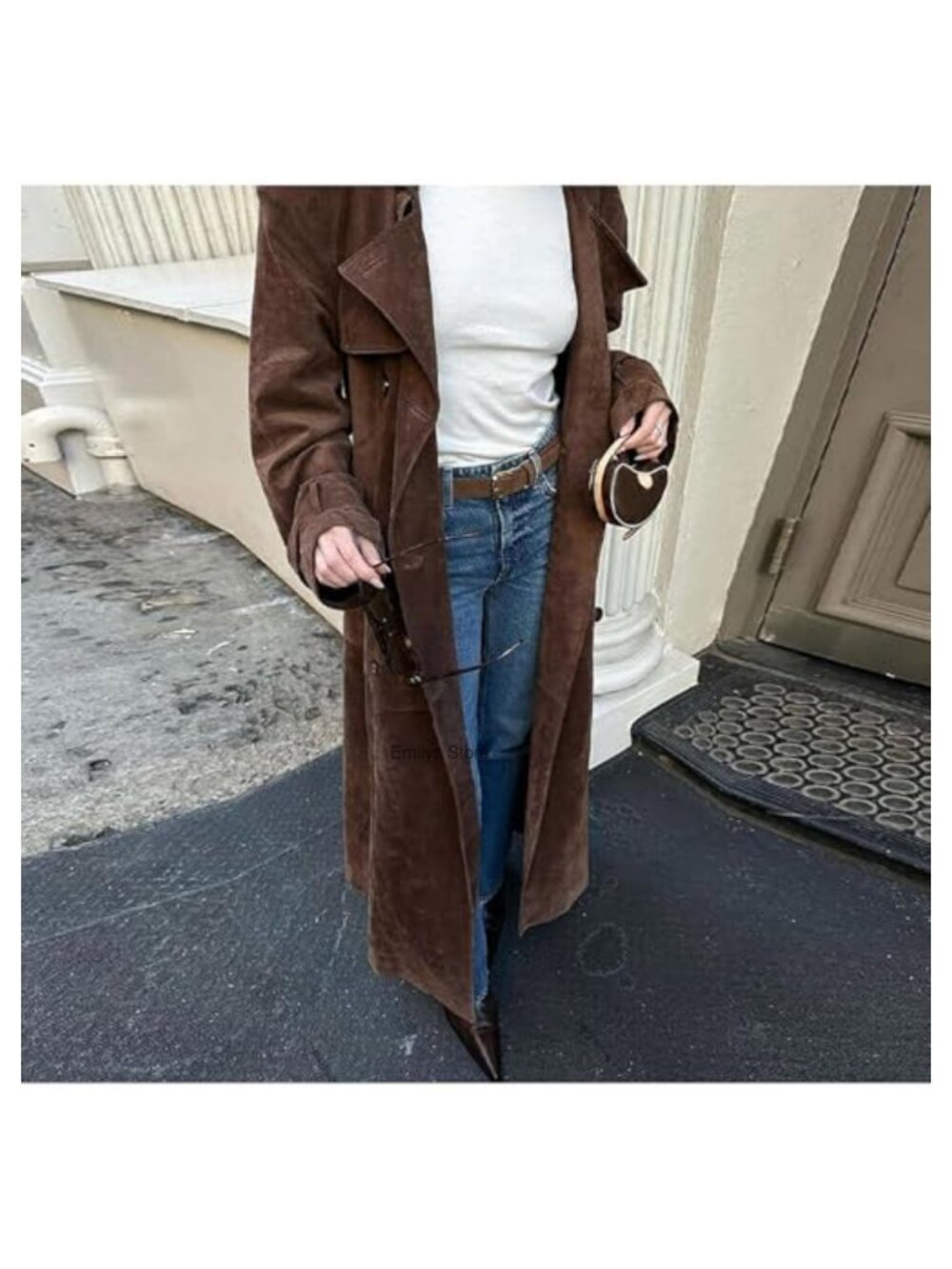 Faux Suede Long Trench Coat Notched Lapel Double Breasted Pea Coat Belt - Picture 3 of 6